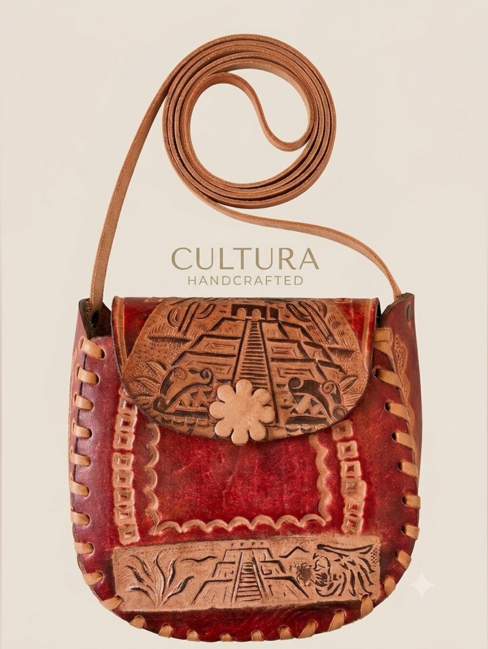 Vintage 90s Boho Western Tribal Artisan Tooled Leather Mini Crossbody Bag